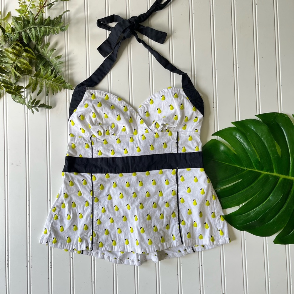 Anthropologie odille pear print halter top black white green